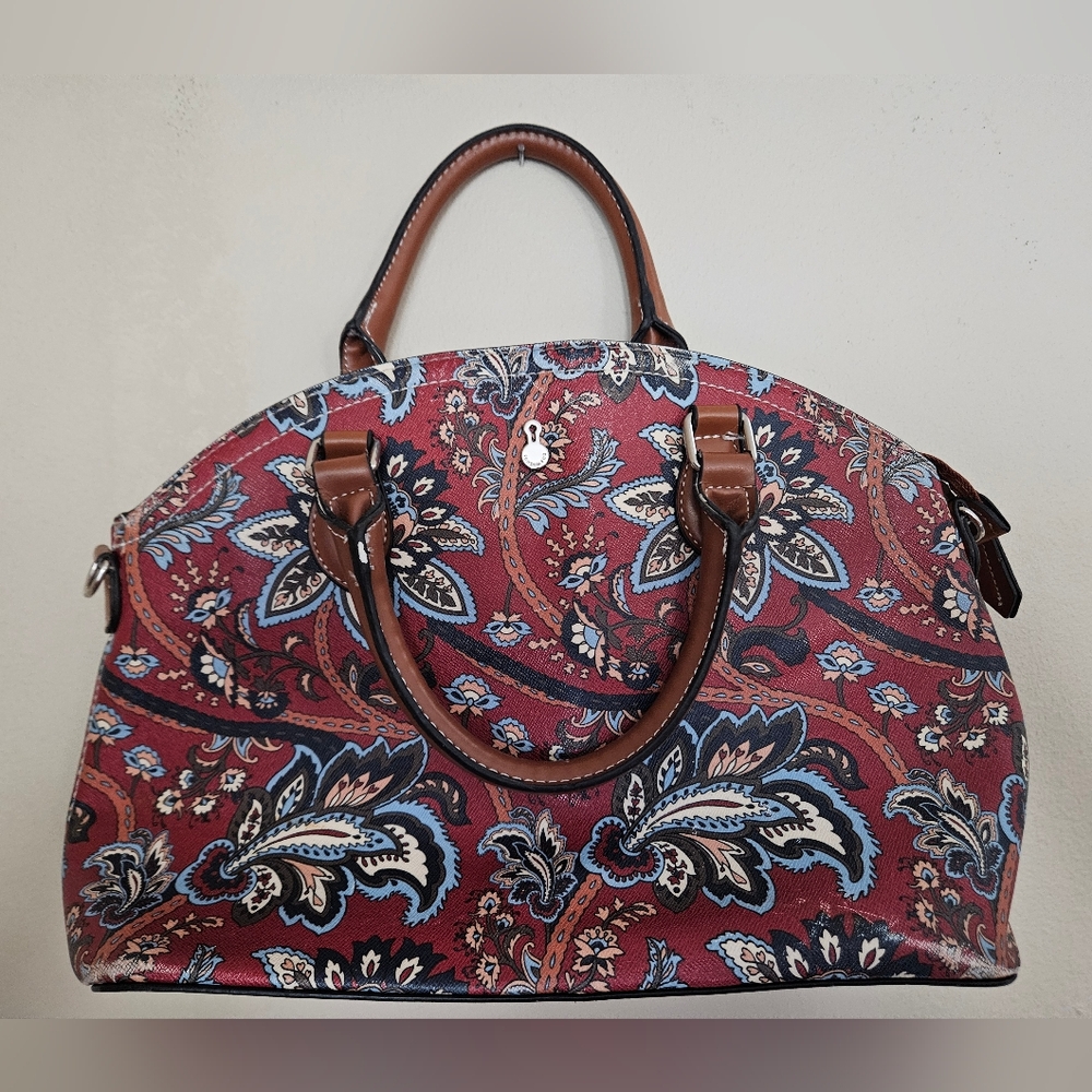 London Fog Burgundy Paisley Satchel with Brown Trim and Blue Accents